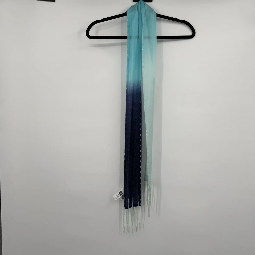 Gap Scarf Womens One Size Blue Silk Beaded‎ Fringe Rectangle Chiffon Lightweight